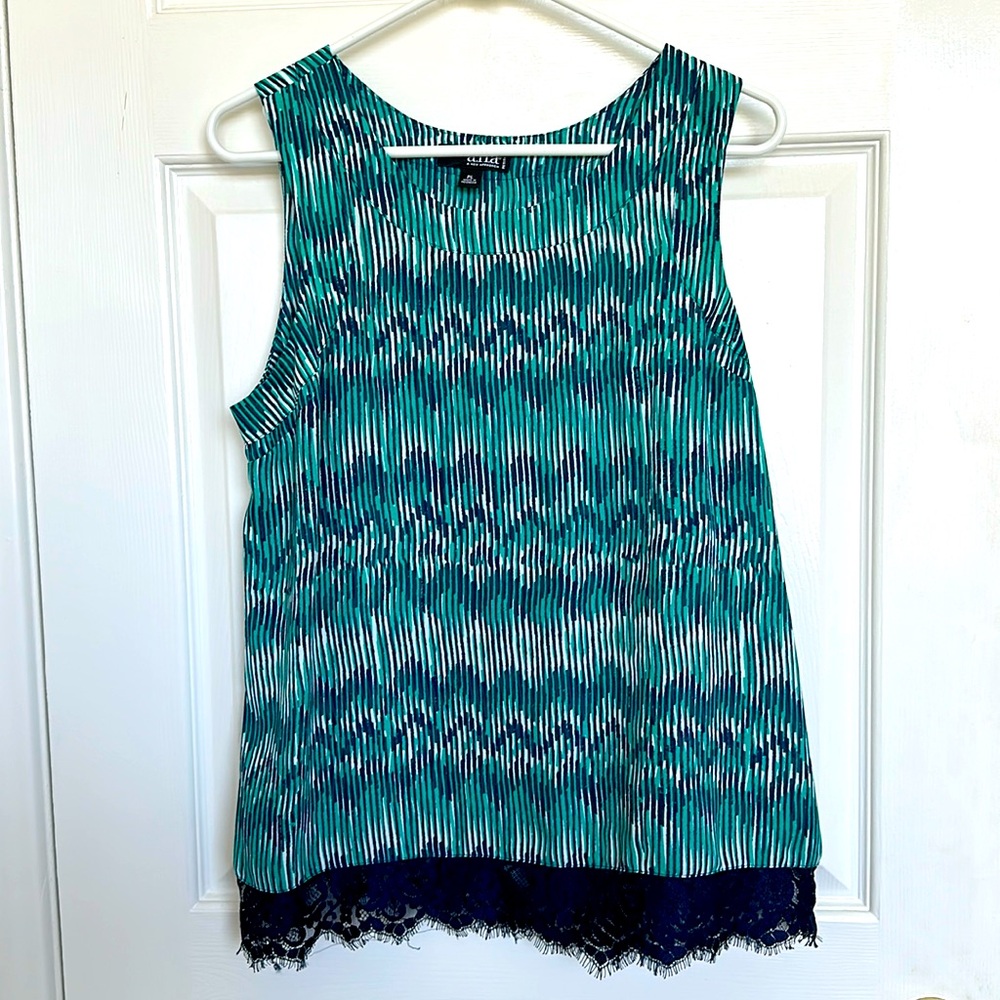 NWOT. a.n.a.  Size PL. Blue, Green & White tank with blue lace bottom